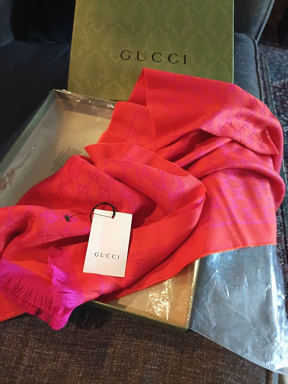 Gucci Pink Red Signature Monogram Scarf